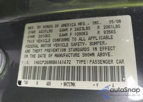 2008 Honda Accord 2.4 Ex-L из США, поврежденный, VIN 1HGCP26888A141472